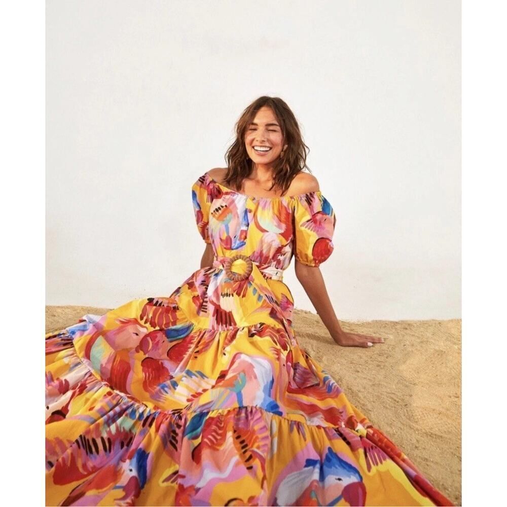 FARM RIO Neon Macaws Puff Sleeve Maxi Dress M Yellow Parrot Print Cotton Belted